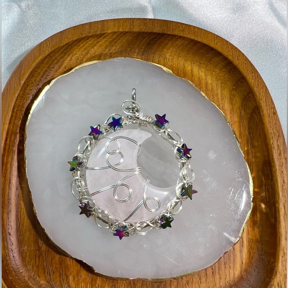Fashion Rose Quartz Moon & Stars Pendant B - Picture 2 of 5